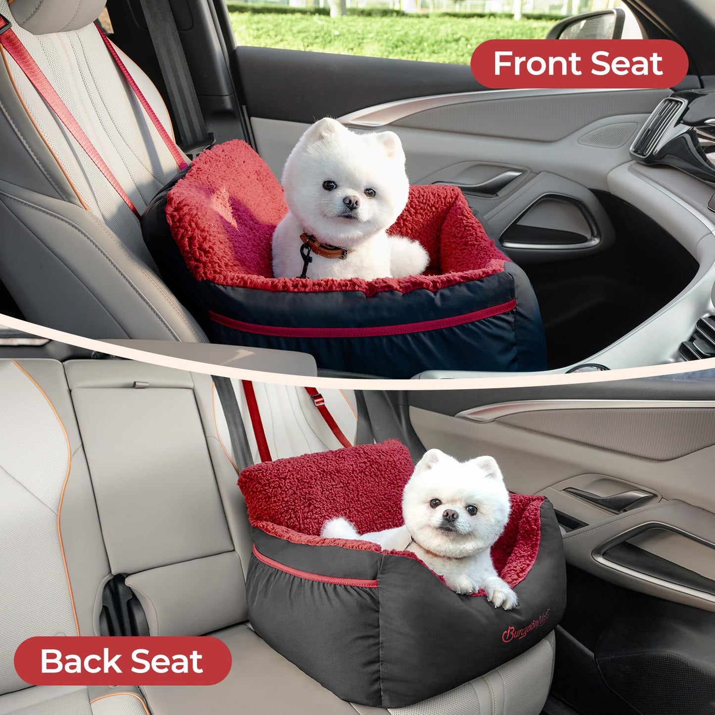 BurgeonNest Dog Car Seat for Small Dogs, Soft Pet Car Travel Home Bed Under 25 lbs, Fully Detachable and Washable Cat Booster Carseats with Storage Pockets and Clip-On Leash Portable Carrier,Black