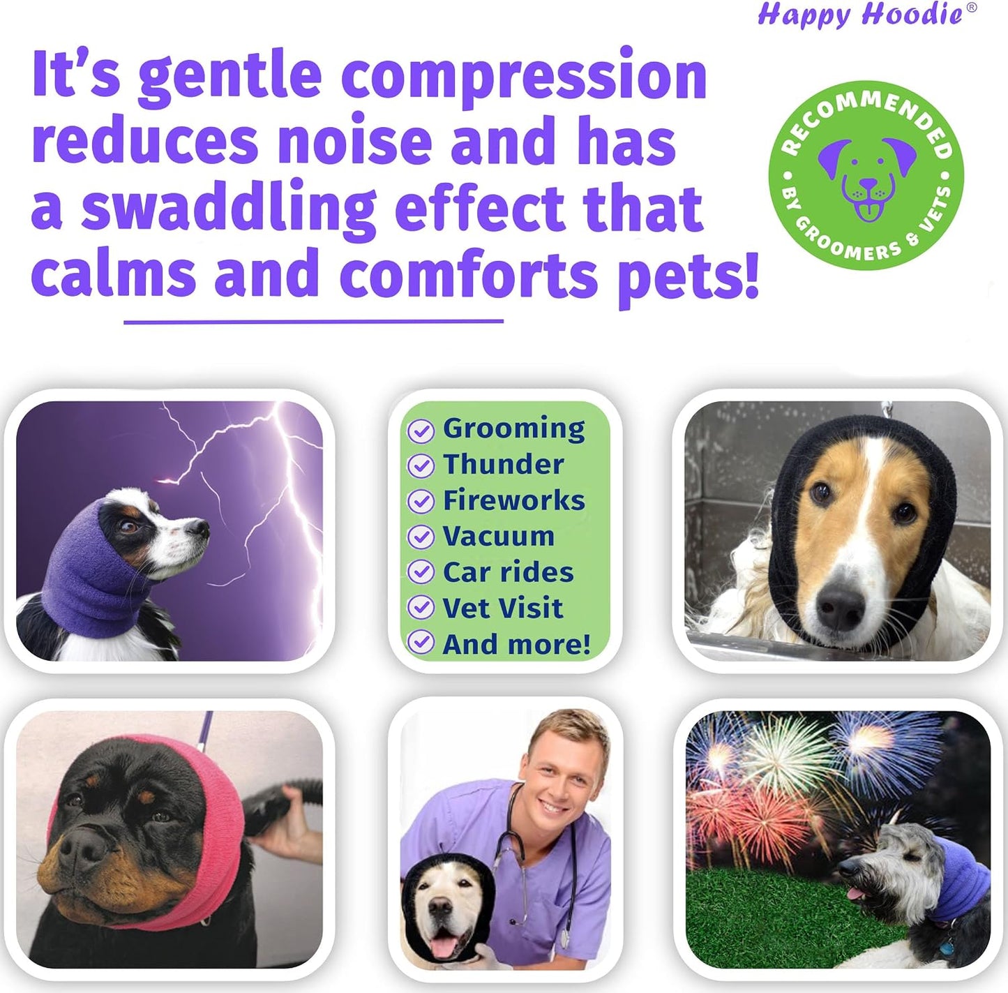 Happy Hoodie The Original Dog & Cat Calming Band - American Brand - Anxiety Relief/Noise Protection - Grooming - Thunder - Fireworks (Large, Black) - Since 2008
