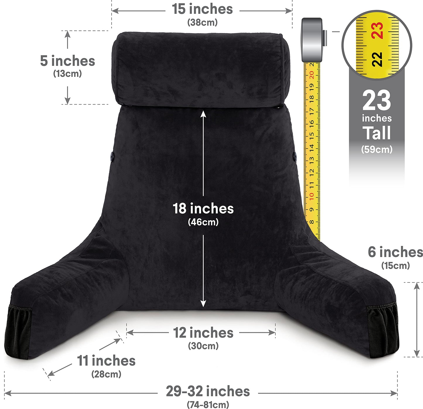 Husband Pillow XXL The Original for Adults - 30" Tall Backrest for Sitting Up in Bed - Firm Support Reading & Bed Rest Pillows for Adults, Neck Roll, Removable Cover - TV - Dark Grey