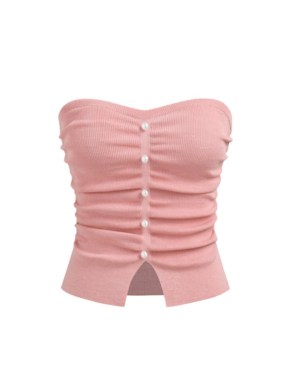 CIDER Faux Pearl Tube Tops for Women Crop Knit Split Hem Ruched Going Out Tops Cute Summer Outfits Y2K