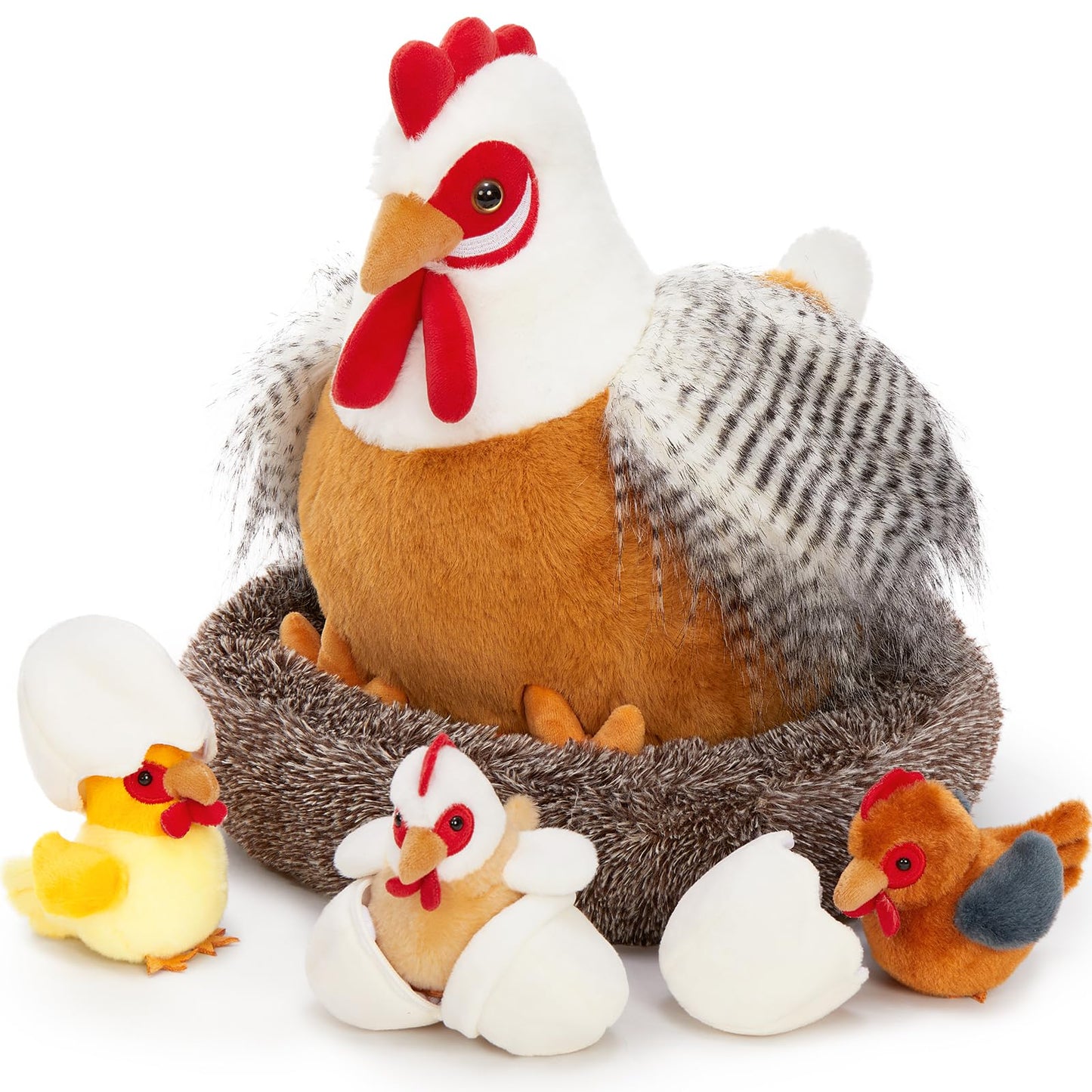 MaoGoLan 8Pcs Chicken Stuffed Animals, Stuffed Hen Plush Toys with Babies Chickens and Eggs, Nest House Plush Set, Cute and Soft Farm Stuffed Animals Gift for Kids