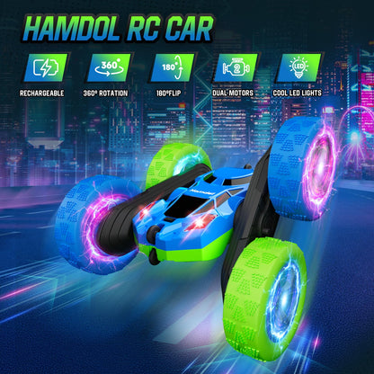 Hamdol Remote Control Car for Kids, 360° Rotating Double-Sided RC Car with LED Headlights, 4WD 2.4GHz Electric Rechargeable Toy Vehicle for Boys and Girls, Perfect Birthday