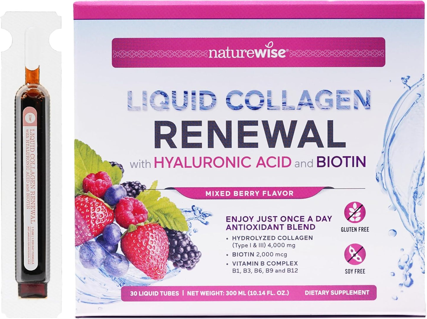 NatureWise Hydrolyzed Liquid Collagen for Women & Men 4000mg - High Absorption, Type 1 & 3 Peptides with Biotin + Vitamin C + Vitamin B Complex & Hyaluronic Acid -Mixed Berry - 10 Tubes[10 Day Supply]