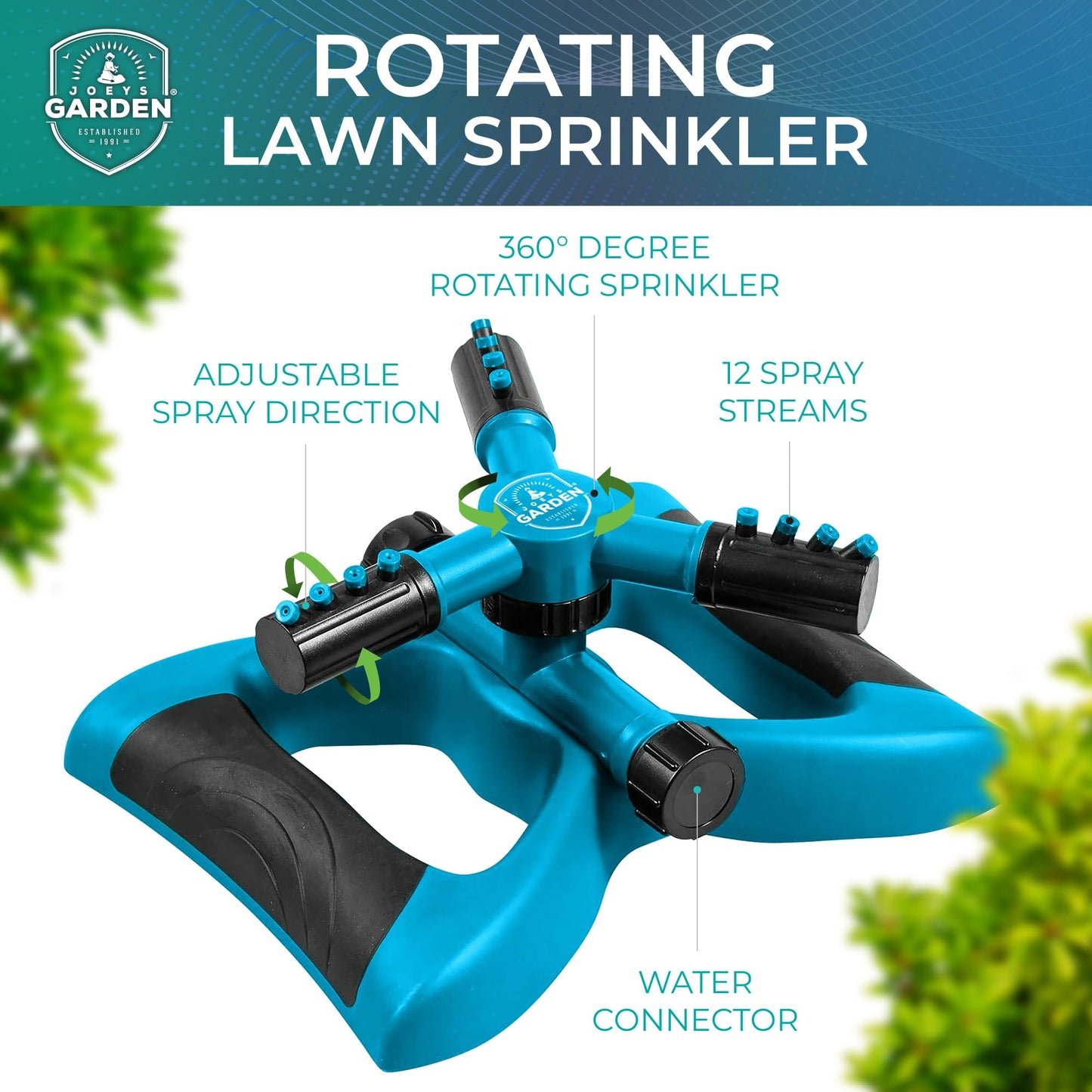Joeys Sprinkler for Yard, Rotating Garden Sprinkler with 3 Adjustable Arms, Weighted Base, Expandable Connection, Lawn and Yard Sprinklers (Green)