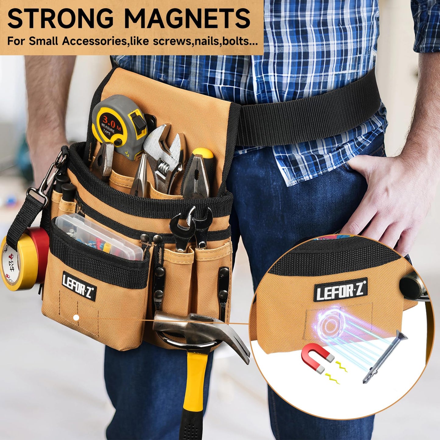 Tool Belt,Magnetic Tool Pouch,14-Pockets Tool Belts for Men,Detachable & Adjustable Tool Pouch belt for Electrician,Carpenter,Construction,Work Apron,Utility Belt,Black-Yellow