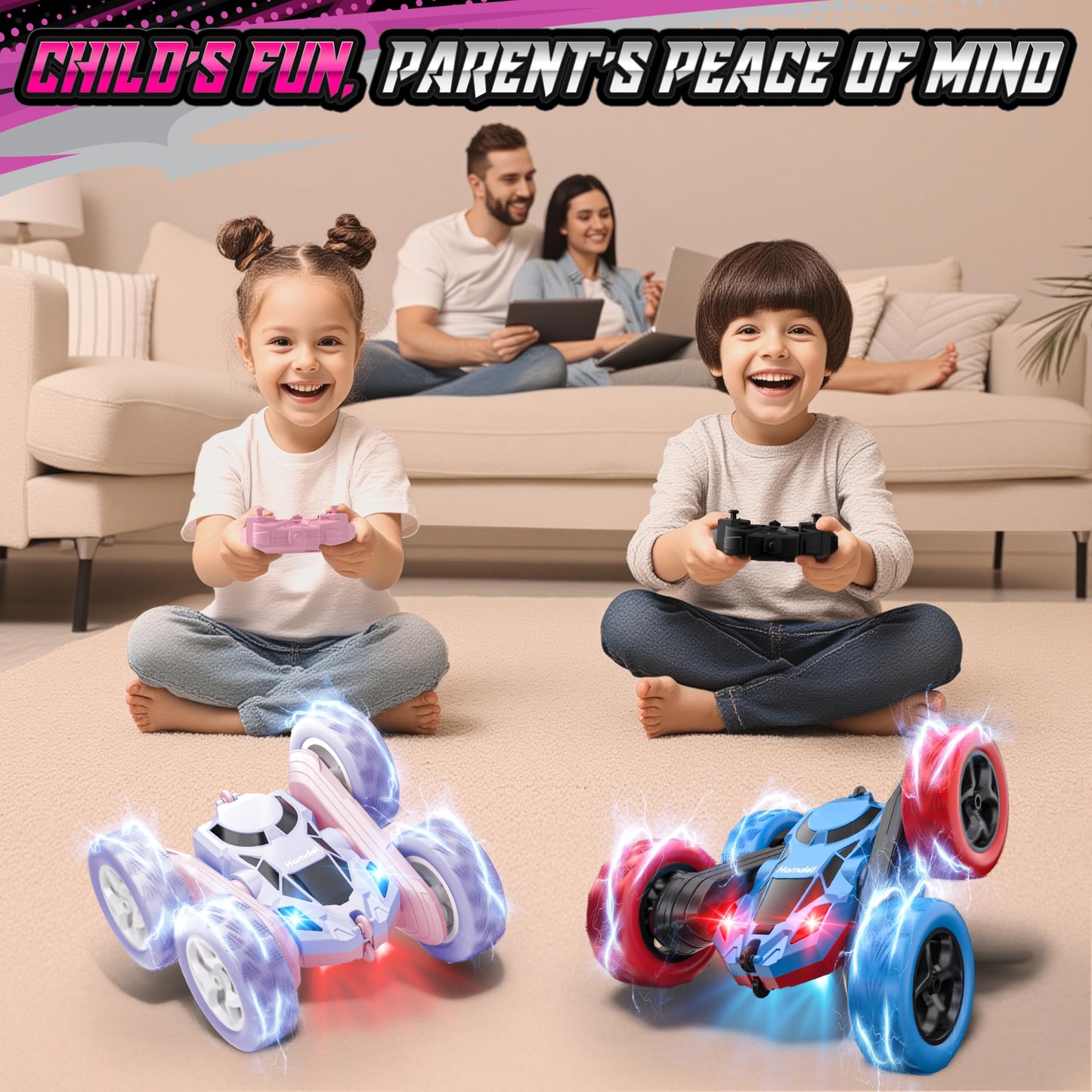 Hamdol Remote Control Car for Kids, 360° Rotating Double-Sided RC Car with LED Headlights, 4WD 2.4GHz Electric Rechargeable Toy Vehicle for Boys and Girls, Perfect Birthday