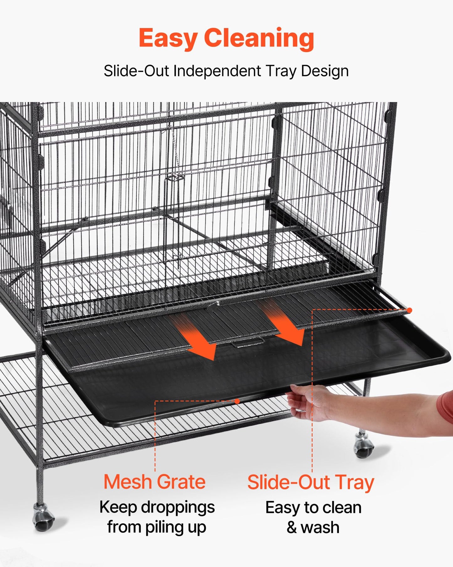 VEVOR Bird Cage, 24.6 x 16.7 x 53.9 inch, Flat Top, Wrought Iron Bird Flight Cage with Perches, Slide-Out Tray and Plastic Feeders, Casters, for Parrot, Blue Tit, Cockatiel, Canary, Budgerigar, Conure