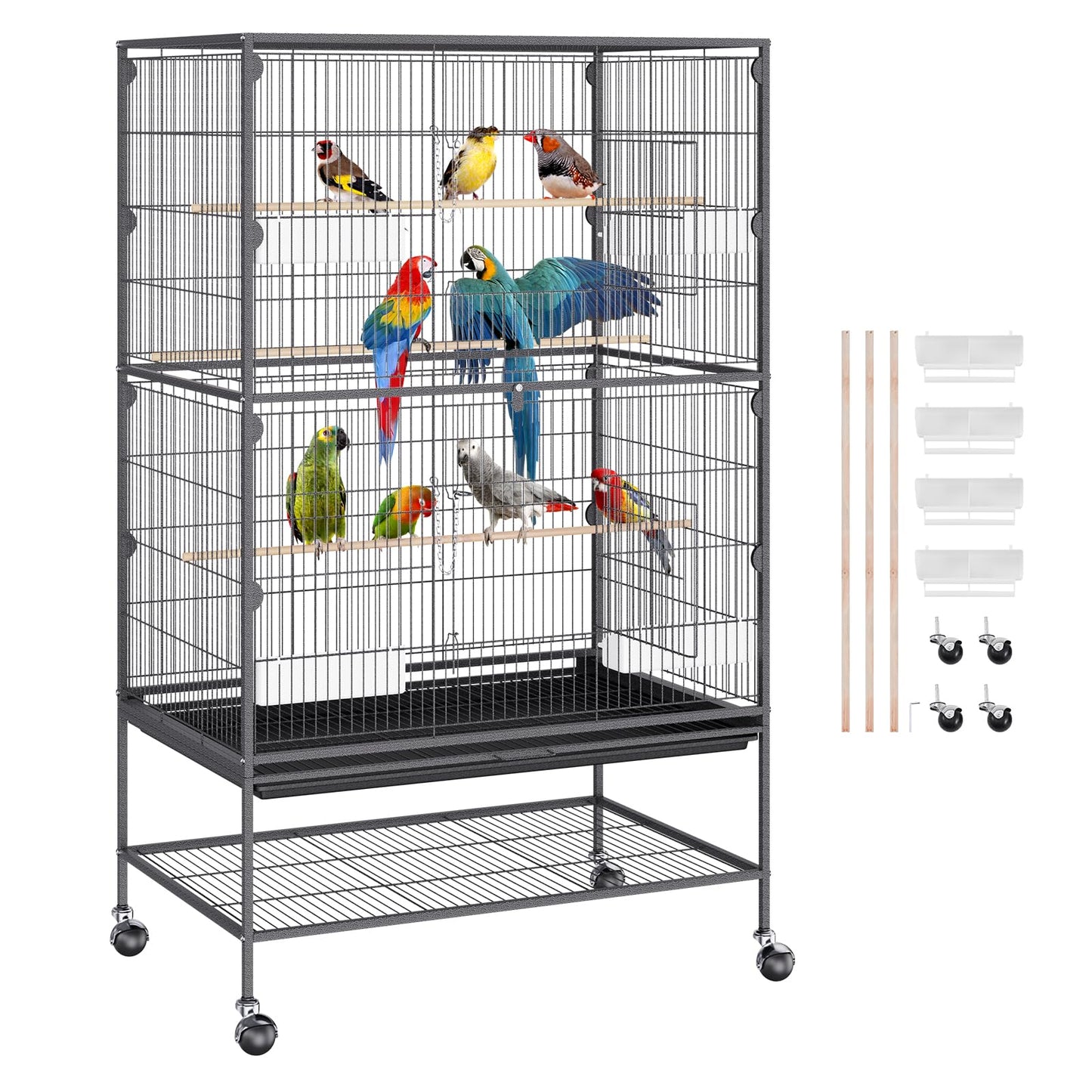 VEVOR Bird Cage, 24.6 x 16.7 x 53.9 inch, Flat Top, Wrought Iron Bird Flight Cage with Perches, Slide-Out Tray and Plastic Feeders, Casters, for Parrot, Blue Tit, Cockatiel, Canary, Budgerigar, Conure