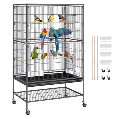 VEVOR Bird Cage, 24.6 x 16.7 x 53.9 inch, Flat Top, Wrought Iron Bird Flight Cage with Perches, Slide-Out Tray and Plastic Feeders, Casters, for Parrot, Blue Tit, Cockatiel, Canary, Budgerigar, Conure