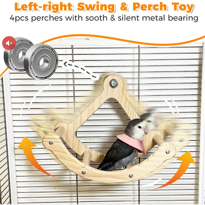 Bird Perch Toy, Interactive Rocking Parakeet Toys and Perches, Wooden Exercise Wheel Cockatiel Toys, Intelligence Puzzle Birds Enrichment Toy for Parrot, Bird Cage Accessories Perch for Budgies Conure