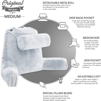 Husband Pillow XXL The Original for Adults - 30" Tall Backrest for Sitting Up in Bed - Firm Support Reading & Bed Rest Pillows for Adults, Neck Roll, Removable Cover - TV - Dark Grey