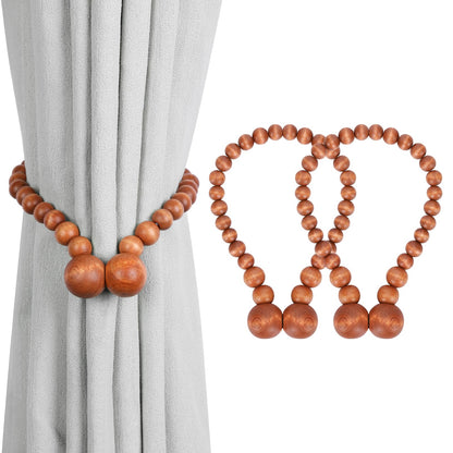 KLOGTSIND Magnetic Curtain Tiebacks, Curtain Holdbacks for Curtains 2 Pack, Wood Bead Curtain Holders for Boho Bedroom Decor, Baby Nursery Decor, Farmhouse Decor