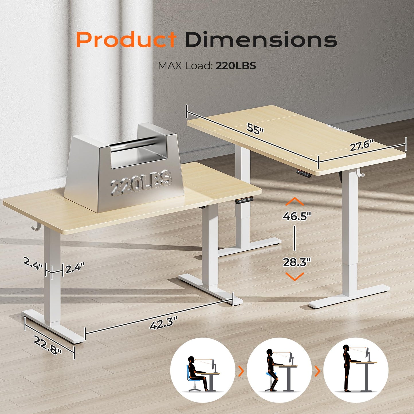 Huuger 55 x 28 Large Electric Standing Desk, Height Adjustable Computer Desk, 27.6" Deep Desktop, Stand up Gaming Office Table with 2 Hooks, 3 Preset Heights, for Home Office, Black