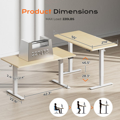 Huuger 55 x 28 Large Electric Standing Desk, Height Adjustable Computer Desk, 27.6" Deep Desktop, Stand up Gaming Office Table with 2 Hooks, 3 Preset Heights, for Home Office, Black