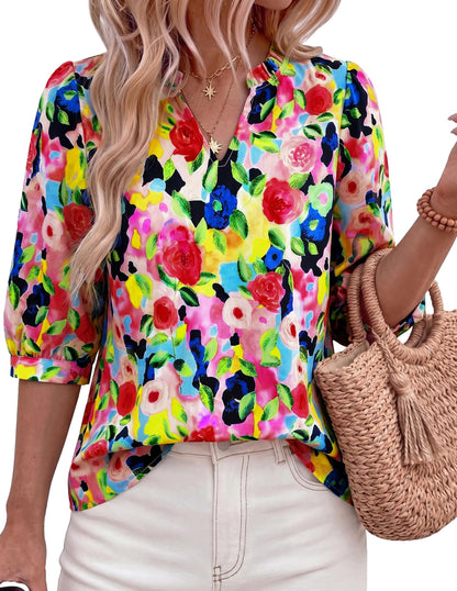 PRETTYGARDEN Women's 2026 Summer Floral Blouses Dressy Casual Half Sleeve V Neck Going Out Boho Tops Spring Fashion Clothing