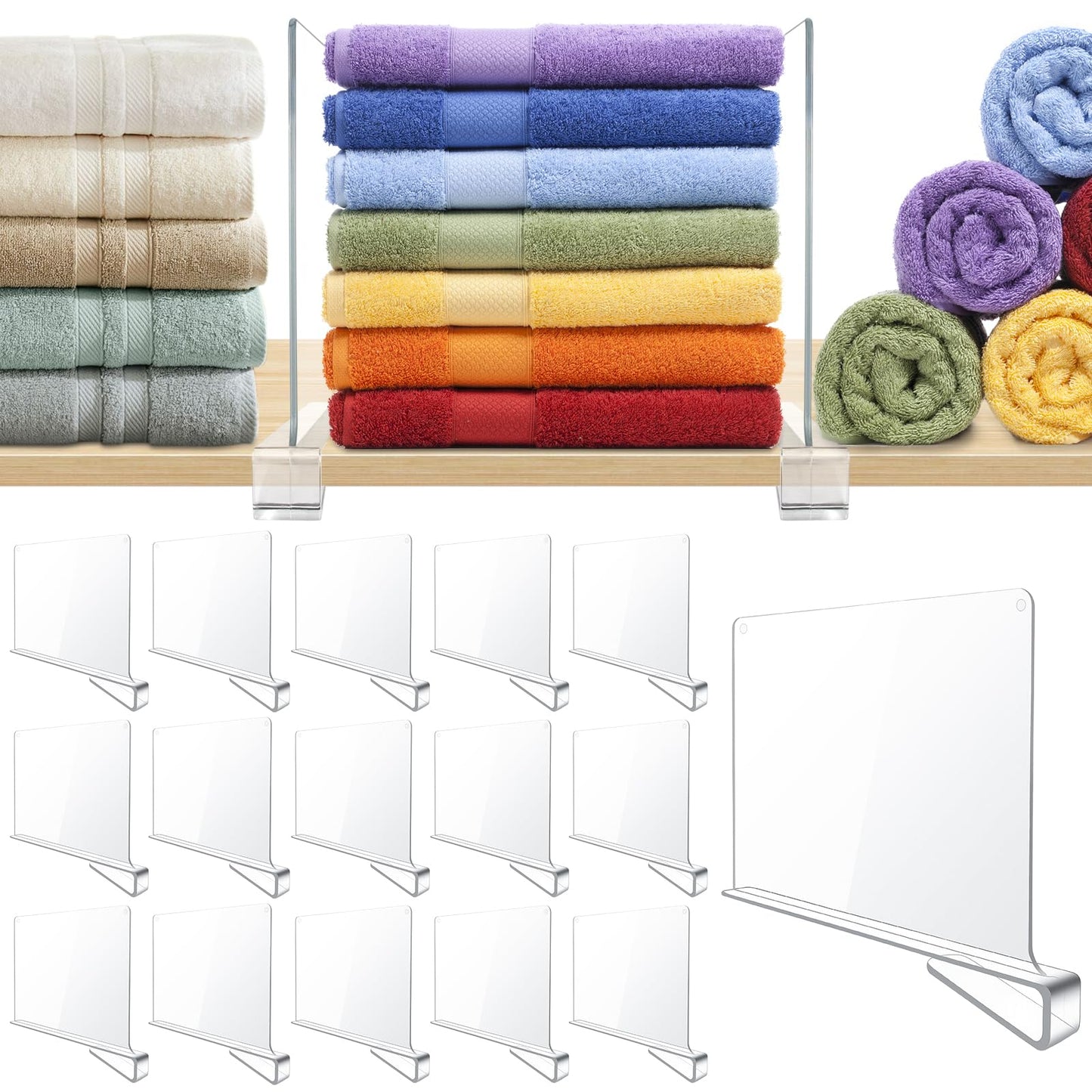 BAUMFEUER 12 Pack Clear Acrylic Shelf Dividers for Closet Shelf Organizer of Bedroom Kitchen Office Bathroom Organizer for Clothes Books Hats and Handbags