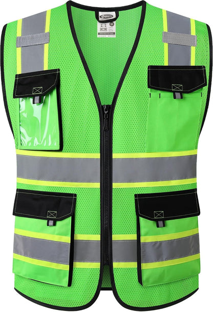 JKSafety Hi Vis Reflective Safety Vests for Men Women High Visibility Vest with Pockets Mesh Fabric Construction Safety Apparel Neon Vest for Work (220-Yellow L)