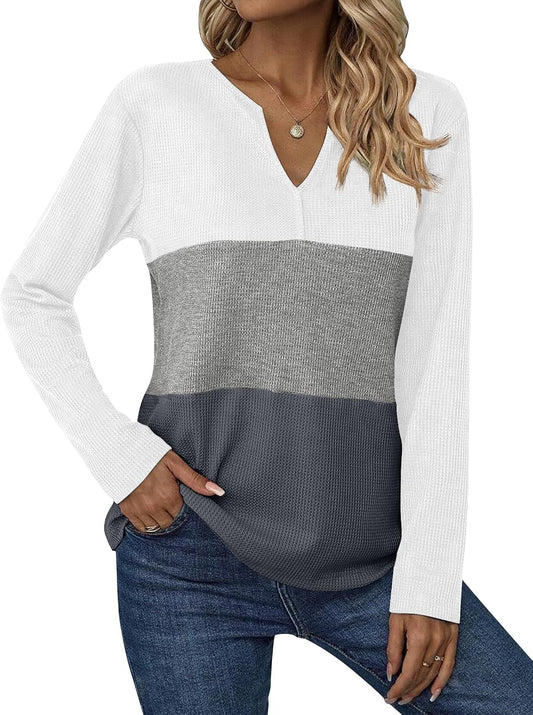 Zeagoo Women's Waffle Shirts V Neck Long Sleeve Tops Color Block T-Shirts Casual Pullover Tunics 2025 Fashion Basic Tees