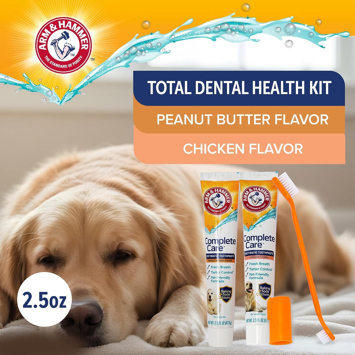 Arm & Hammer Complete Care Dog Dental Kit with Enzymatic Dog Toothpaste, Toothbrush and Finger Brush, Baking Soda and Calcium Formula for Plaque Tartar Control, Chicken Flavor, 2.5 Oz