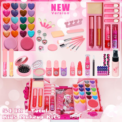 Kids Makeup Kit for Girl - 52 PCS Safe and Washable Makeup for Kids, Real Girls Makeup Kit, Toddler Makeup Kit with Cosmetic Case, Girls Toys Age 4-12, Princess Toys Birthday Gifts for Girls