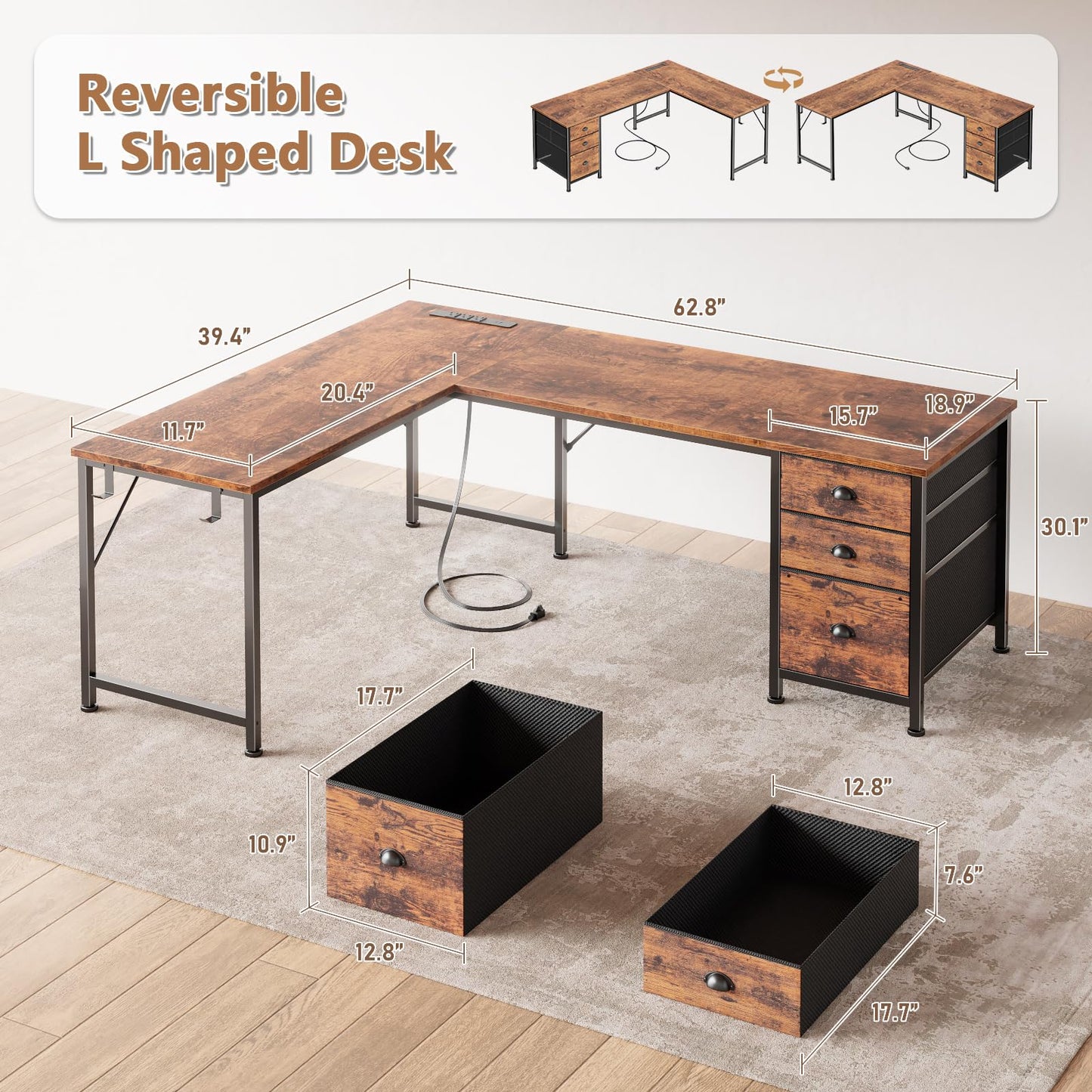 Furologee 63" L Shaped Desk with Power Outlets & USB-C Port, Reversible Corner Computer Desk with 3 Fabric Drawers, Hooks, Large Home Office Desk for Gaming, Writing, Work, Black