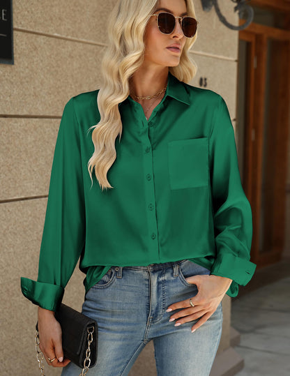 Zeagoo Womens Tops Satin Blouse Long Sleeve Shirts V Neck Dressy Casual | Button Down Business Outfits Fall Fashion With Pockets