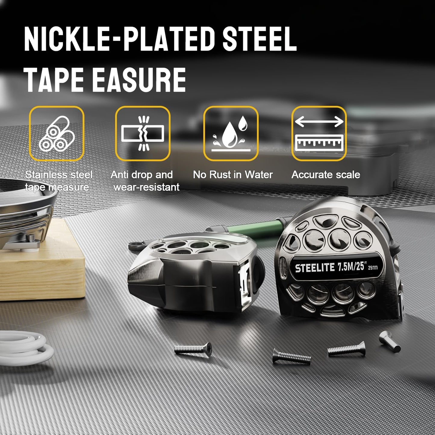 STEELITE Tape Measure 25'FT Stainless Steel Waterproof & Rustproof Retractable Measuring Tape with Hollow Design Carbon Fiber