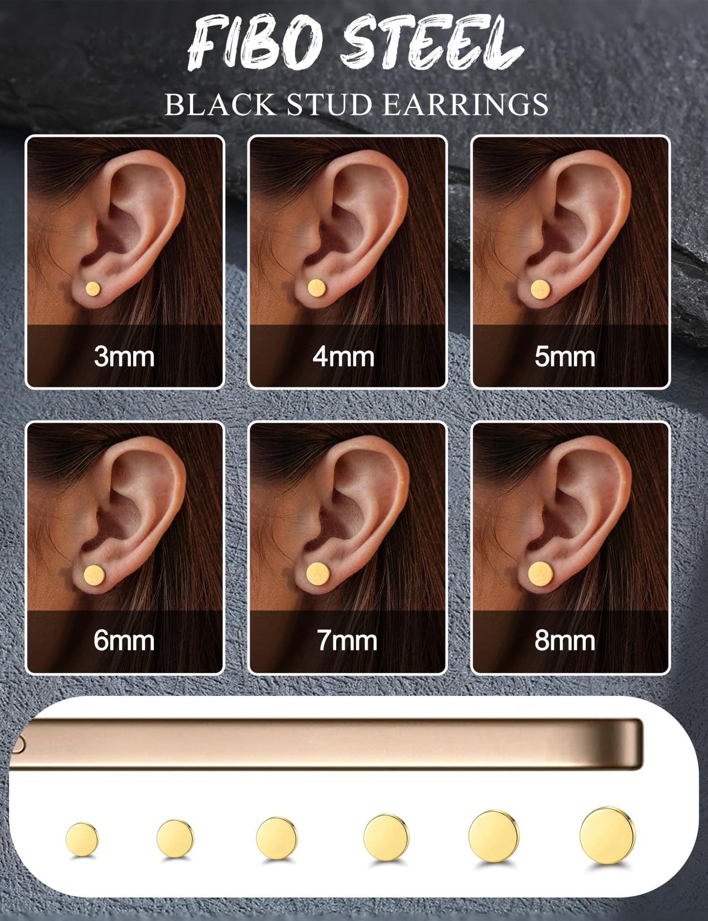 FIBO STEEL 6 Pairs Stainless Steel Black Stud Earrings for Men Women Faux Gauges Ear Tunnel Fake Gauge Earrings 3-8mm