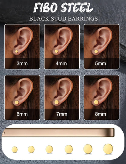 FIBO STEEL 6 Pairs Stainless Steel Black Stud Earrings for Men Women Faux Gauges Ear Tunnel Fake Gauge Earrings 3-8mm
