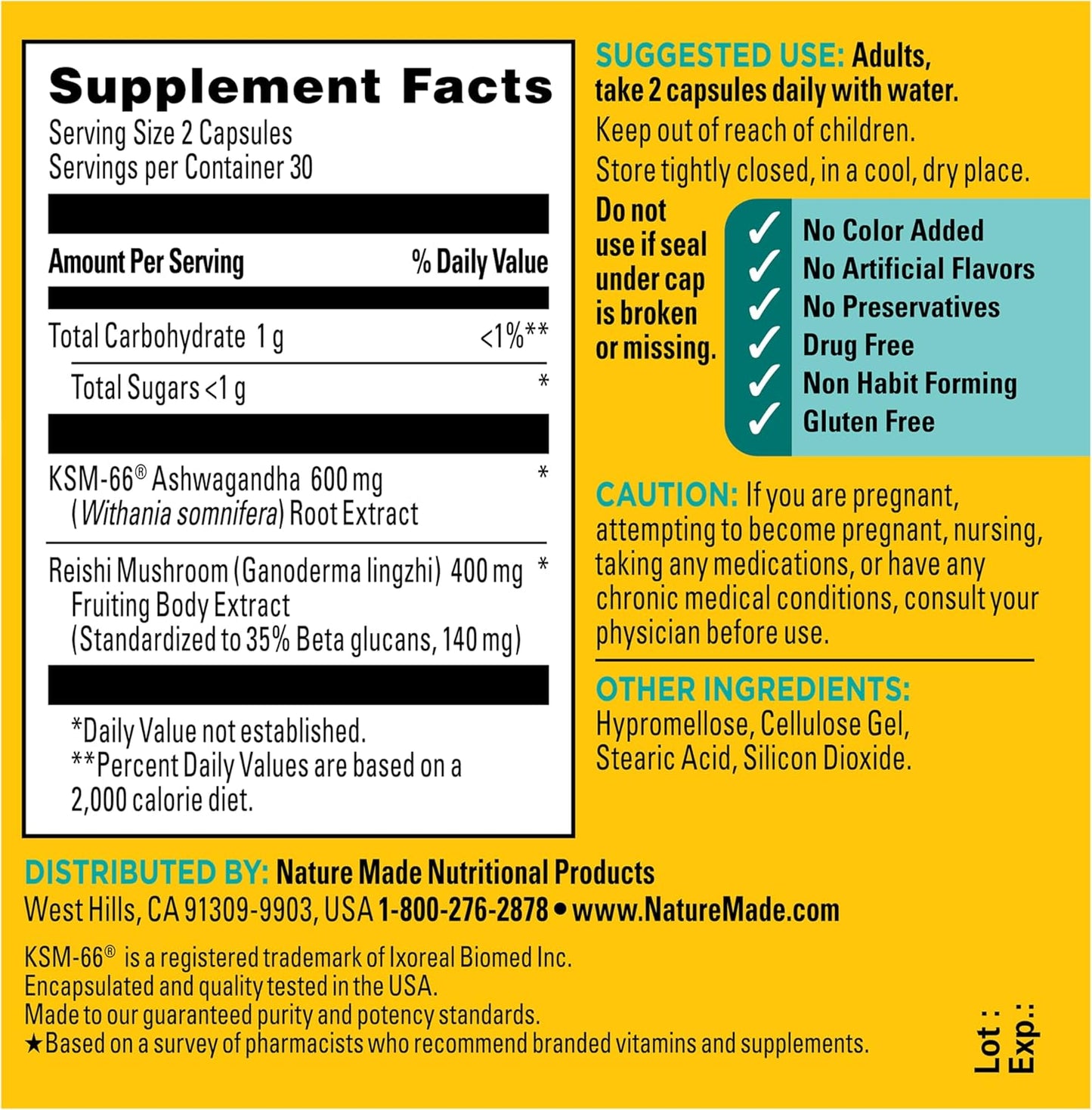 Nature Made Ashwagandha KSM 66 + Reishi Mushroom Capsules, Stress Relief Blend Ashwagandha and Mushroom Supplement, 60 Capsules, 30 Day Supply