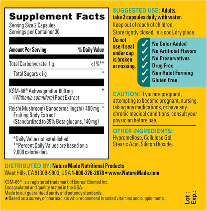 Nature Made Ashwagandha KSM 66 + Reishi Mushroom Capsules, Stress Relief Blend Ashwagandha and Mushroom Supplement, 60 Capsules, 30 Day Supply