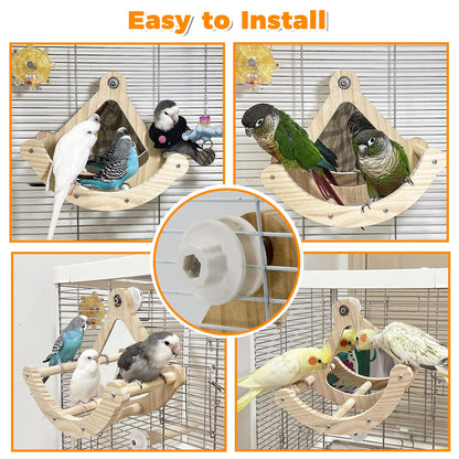 Bird Perch Toy, Interactive Rocking Parakeet Toys and Perches, Wooden Exercise Wheel Cockatiel Toys, Intelligence Puzzle Birds Enrichment Toy for Parrot, Bird Cage Accessories Perch for Budgies Conure