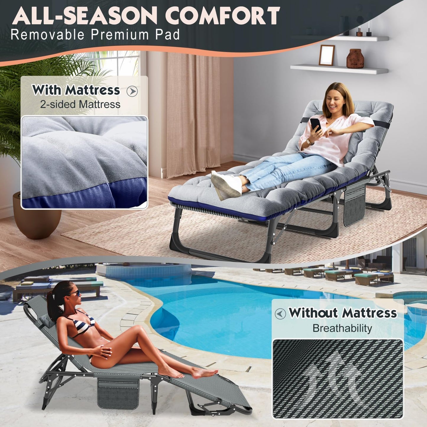 MOPHOTO Folding Lounge Chair 5-Position, Folding Cot, Portable Outdoor Chaise Lounge Chair for Sun Tanning, Perfect for Pool Beach Patio Sunbathing