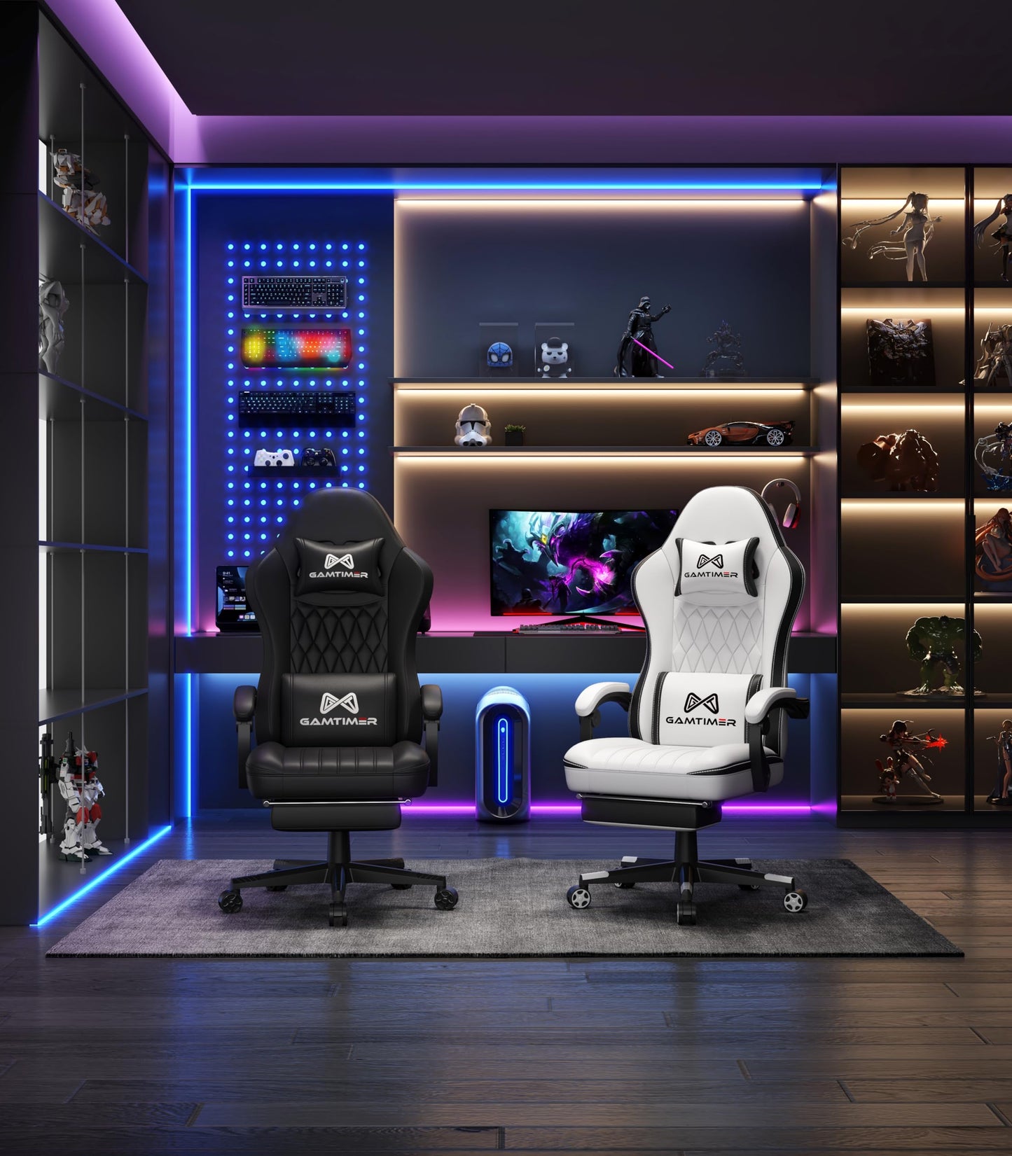 Gamtimer Gaming Chair with Footrest, Ergonomic Computer Chair, PU Breathable Material with Headrest and Lumbar Support, Suitable for Silla Gamer and Adults（Grey）