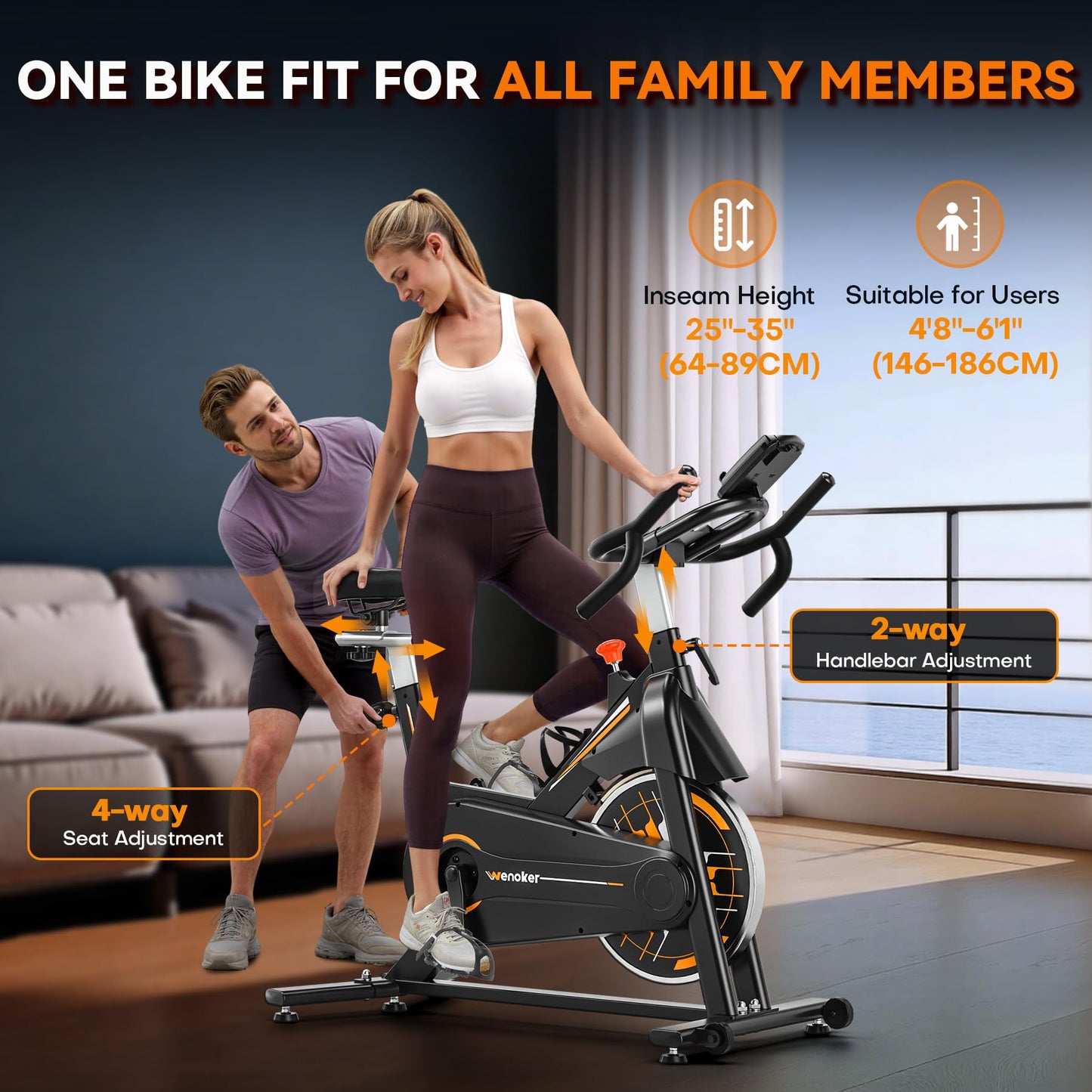 Wenoker Exercise Bike,Indoor Spin Bike with Adjustable Resistance Bluetooth Fitness App, 350 LBS Heavy Duty Frame,Smooth Quiet Belt Drive, Adjustable Handlebars & Seat with Transport Wheels