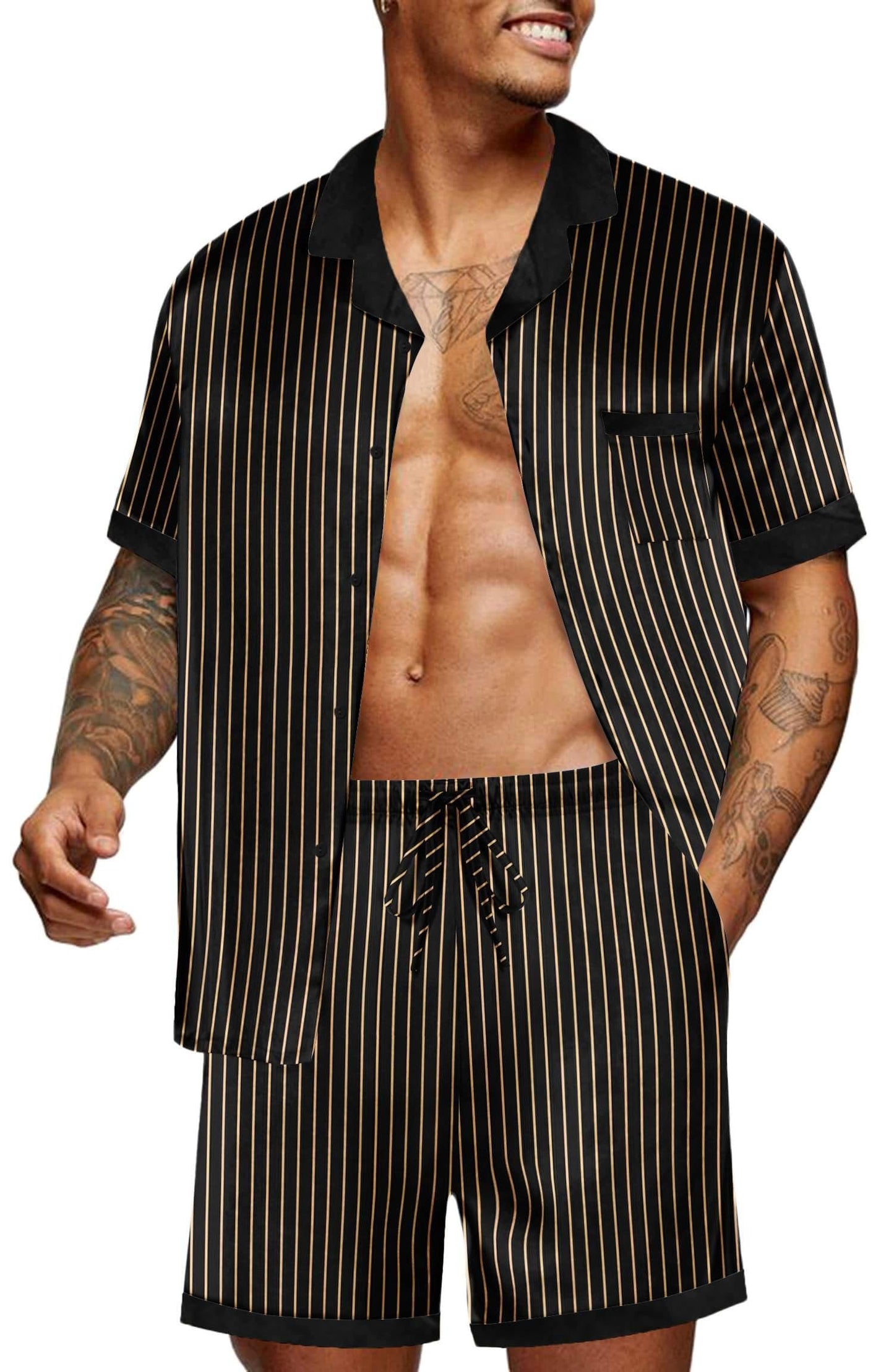 Ekouaer Men Satin Silk Pajamas Set with Pockets Sleepwear Shorts Satin Summer Loungewear 2 Piece Button Down Set S-3XL