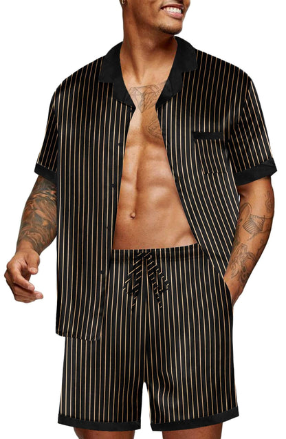 Ekouaer Men Satin Silk Pajamas Set with Pockets Sleepwear Shorts Satin Summer Loungewear 2 Piece Button Down Set S-3XL