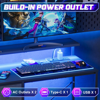 X-cosrack 33.5" Small Gaming Desk with LED Lights & Power Outlets, Compact Computer Desk with Monitor Stand & CPU Stand, Gamer Table with Storage Drawer, Side Hooks for Home Office, Bedroom, Black