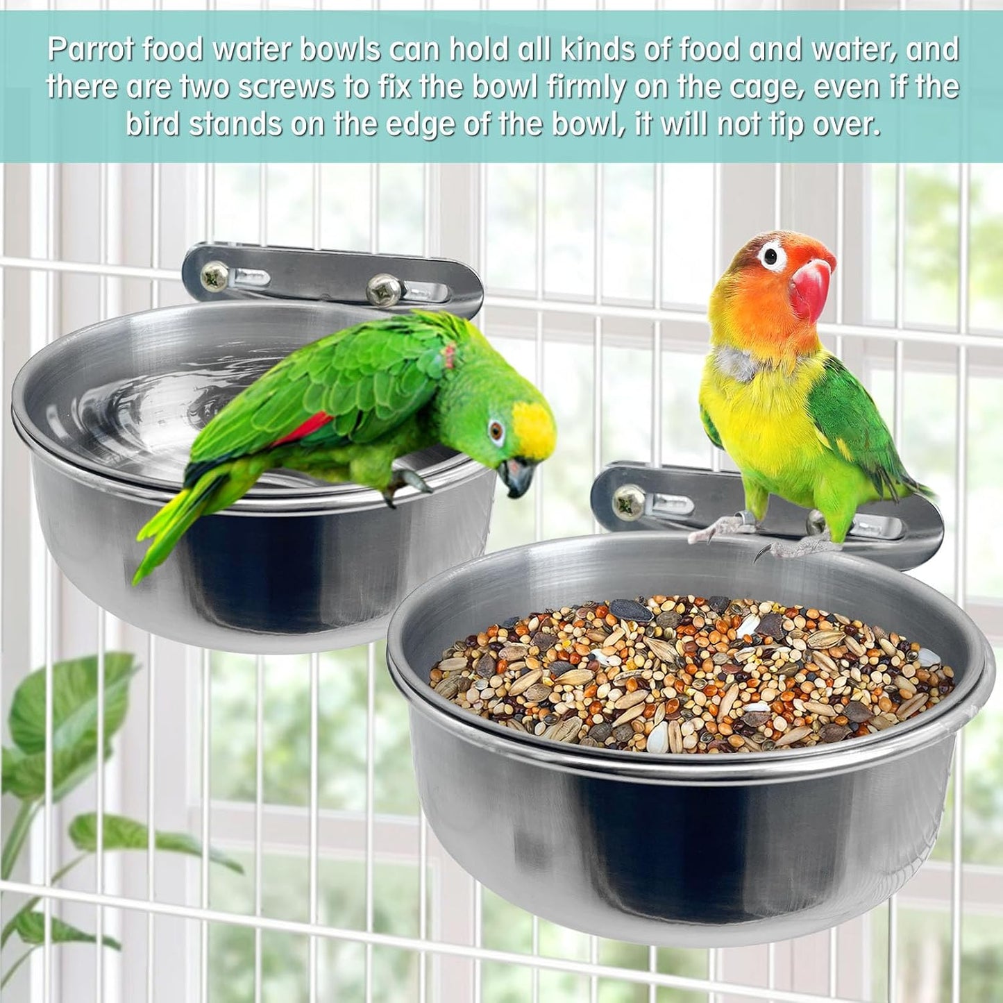 PINVNBY Parrot Feeding Cups Birds Food Dish Stainless Steel Parrot Feeders Water Cage Bowls with Clamp Holder for Cockatiel Conure Budgies Parakeet Parrot Macaw Small Animal Chinchilla Pack of 2