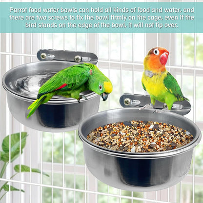 PINVNBY Parrot Feeding Cups Birds Food Dish Stainless Steel Parrot Feeders Water Cage Bowls with Clamp Holder for Cockatiel Conure Budgies Parakeet Parrot Macaw Small Animal Chinchilla Pack of 2