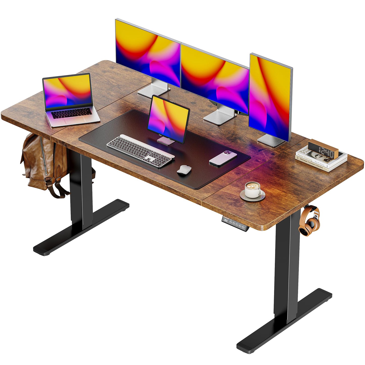 Huuger 55 x 28 Large Electric Standing Desk, Height Adjustable Computer Desk, 27.6" Deep Desktop, Stand up Gaming Office Table with 2 Hooks, 3 Preset Heights, for Home Office, Black