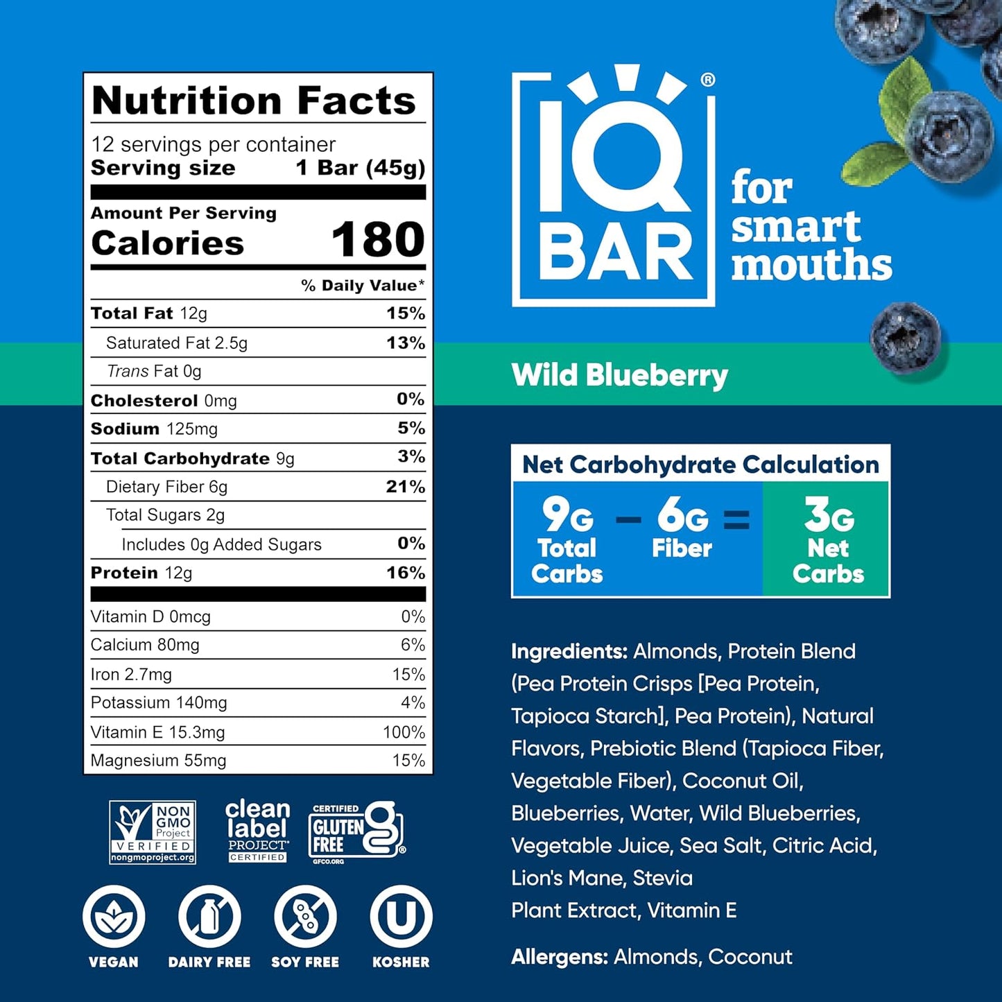 IQBAR Clean Plant Protein Bars, Almond Butter Chip 12-Count | Protein Snack | High Fiber, High Protein, Low Sugar, Clean Label Project Certified | Gluten Free, Dairy Free, Vegan, Keto, Soy Free