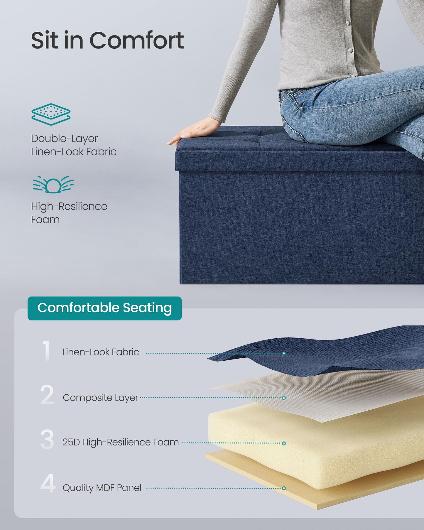 SONGMICS MAZIE Collection - 30 Inches Folding Storage Ottoman Bench, Ottoman Foot Rest, End of Bed Bench, Storage Chest, Load 660 lb, for Living Room, Bedroom, Entryway, Dark Gray ULSF47K