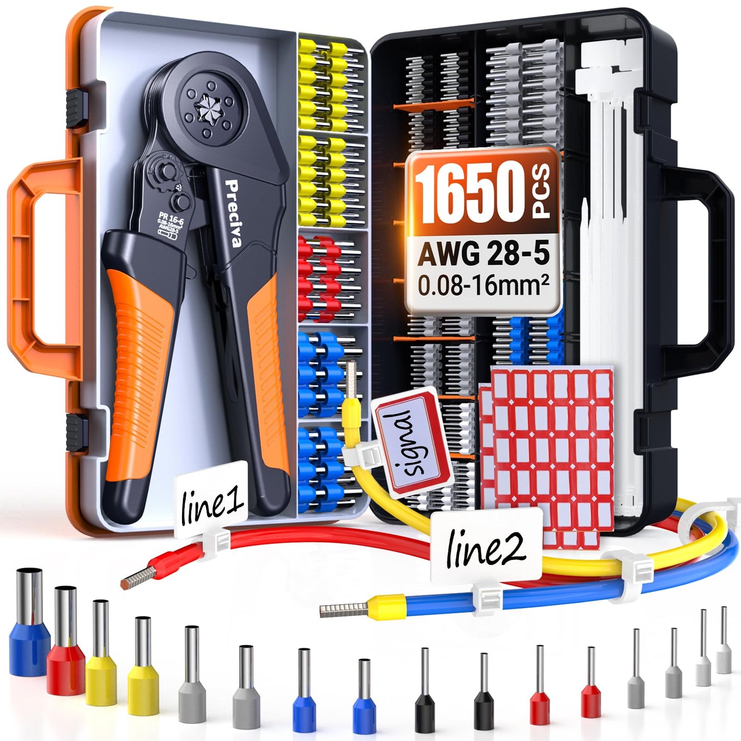 Preciva Ferrule Crimping Tool Kit - AWG 28-5 Hexagonal Ferrule Crimper with Automatic Wire Stripper and 1375Pcs Single/Twin Ferrule Connectors, Self-Adjustable Ratchet Ferrule Terminals Crimping Tool