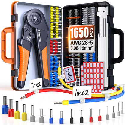 Preciva Ferrule Crimping Tool Kit - AWG 28-5 Hexagonal Ferrule Crimper with Automatic Wire Stripper and 1375Pcs Single/Twin Ferrule Connectors, Self-Adjustable Ratchet Ferrule Terminals Crimping Tool
