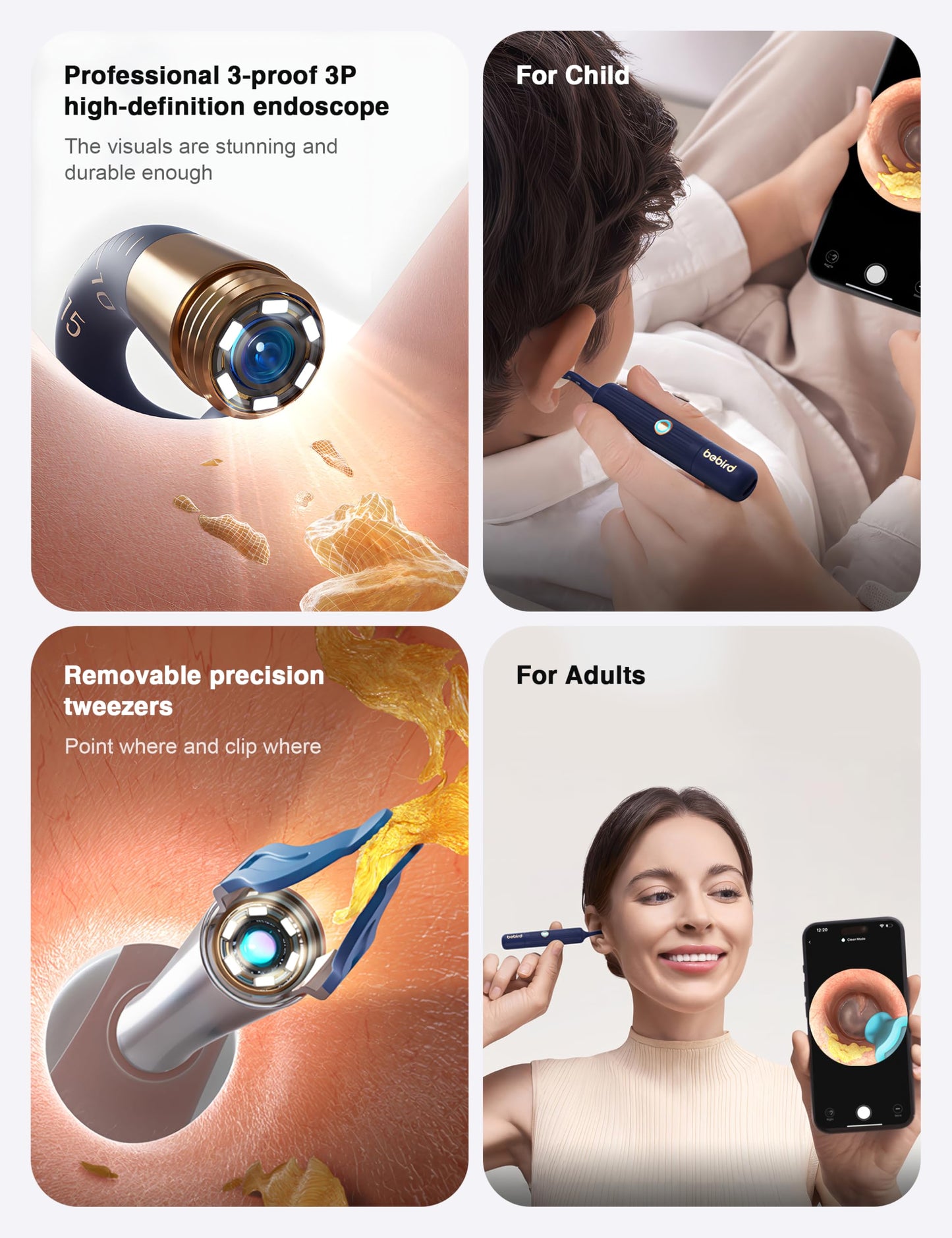 BEBIRD Earsight Plus Ear Wax Removal Tool Camera with HD Visual Otoscope, Smart WiFi Earwax Cleaner Kit, Safe Silicone Flexible Scoops & Tweezers Tools for Adults & Kids (Blue)