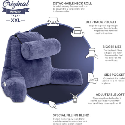 Husband Pillow XXL The Original for Adults - 30" Tall Backrest for Sitting Up in Bed - Firm Support Reading & Bed Rest Pillows for Adults, Neck Roll, Removable Cover - TV - Dark Grey