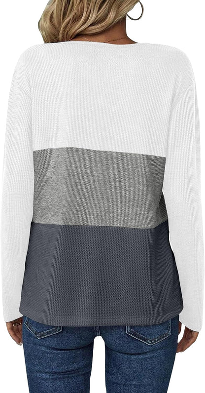 Zeagoo Women's Waffle Shirts V Neck Long Sleeve Tops Color Block T-Shirts Casual Pullover Tunics 2025 Fashion Basic Tees