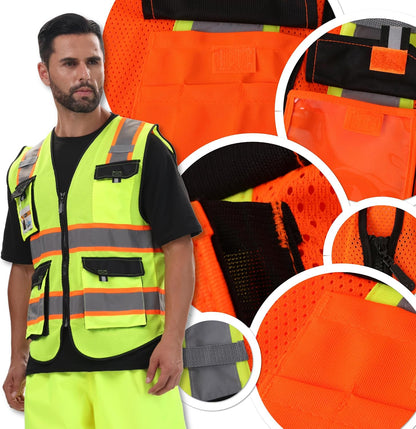 JKSafety Hi Vis Reflective Safety Vests for Men Women High Visibility Vest with Pockets Mesh Fabric Construction Safety Apparel Neon Vest for Work (220-Yellow L)