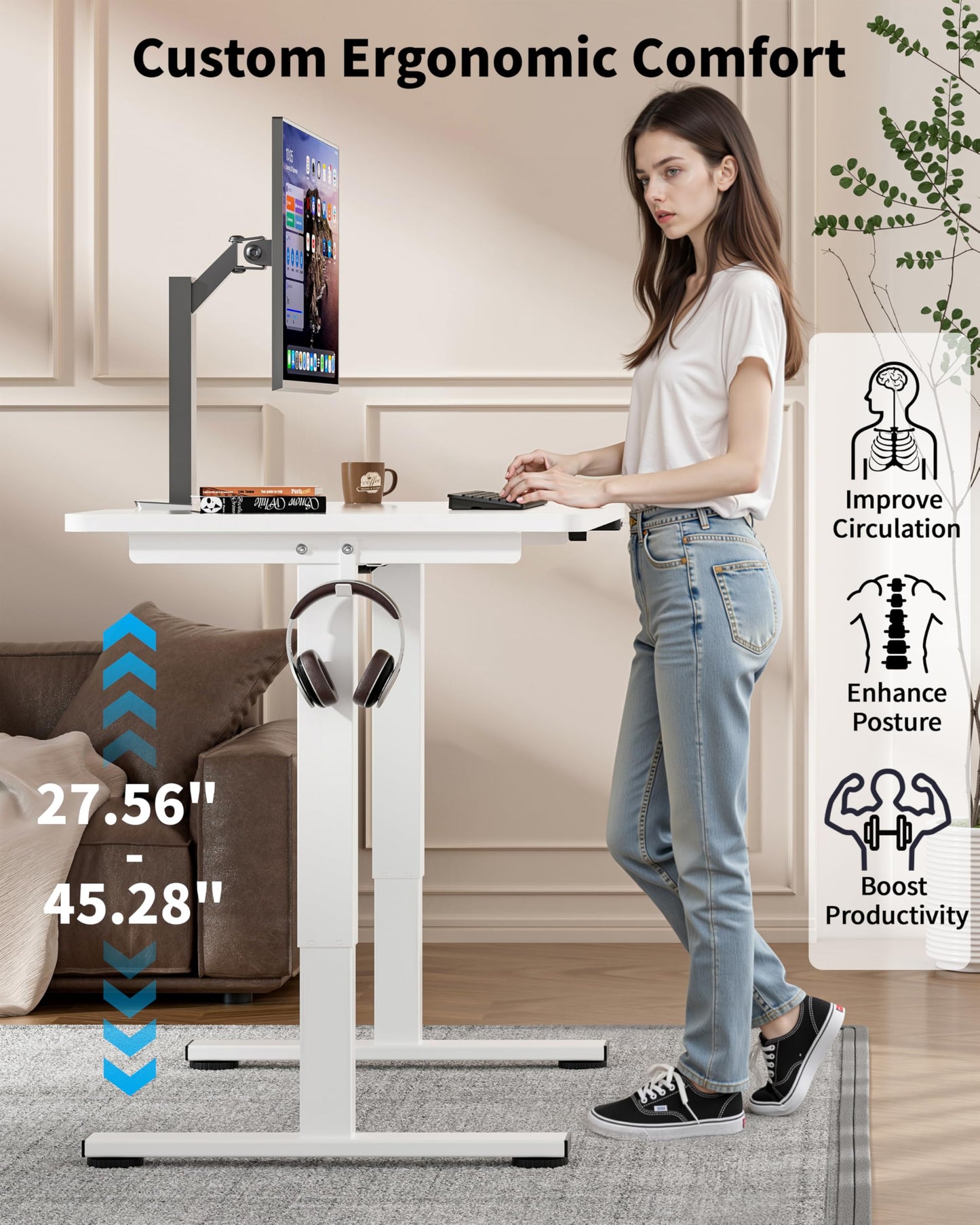 Okin Small Electric Standing Desk, 36" x 24" Whole Piece Height Adjustable Desk, Oak Sit to Stand Computer Workstation with Wheels for Home Office
